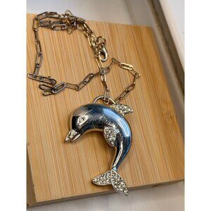 Silver Dolphin Pendant Necklace With Rhinestone Accents On Gold-Tone Paperclip C